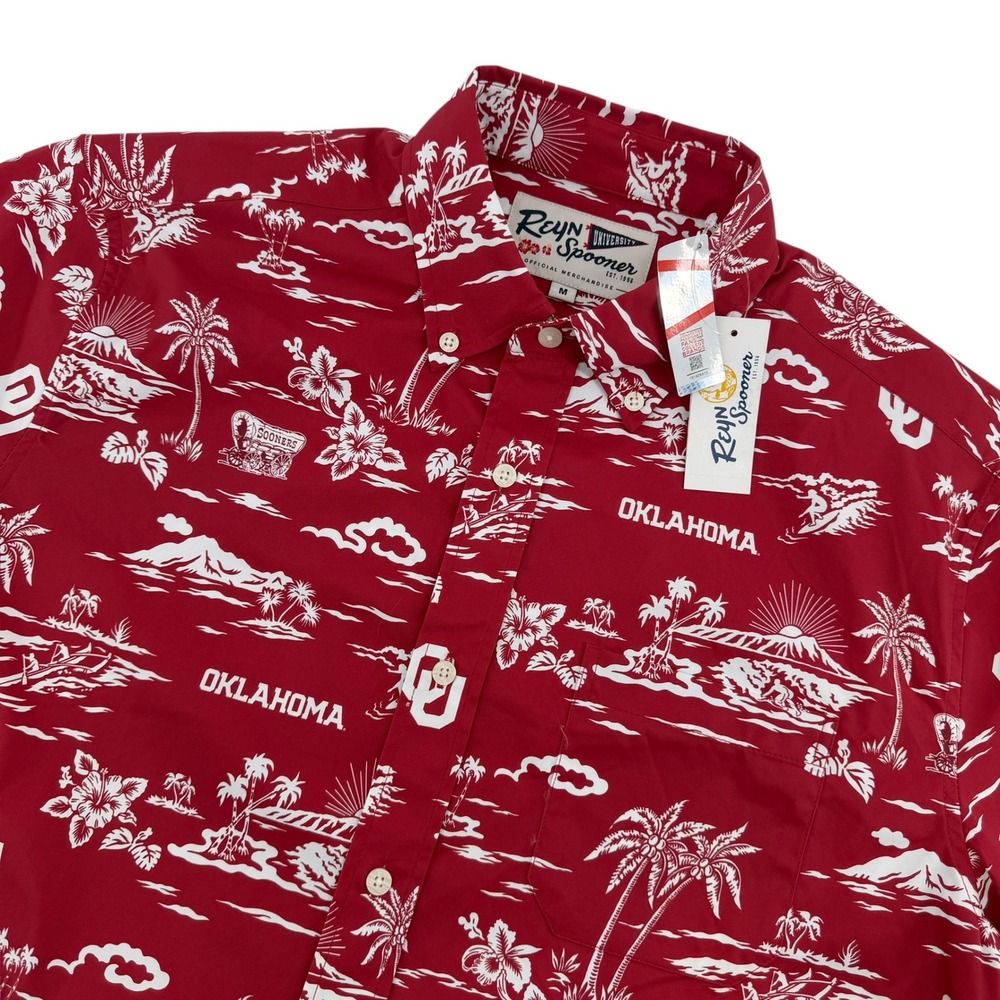 Reyn Spooner Oklahoma Sooners Mens Medium Red Aloha Hawaiian Short Sleeve Shirt